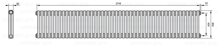 Схема (чертеж) Радиатор Zehnder Charleston 2050/46 №7610 Белый глянцевый RAL 9016